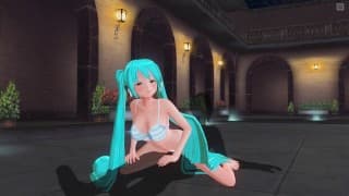 穿着泳装的 3D HENTAI Miku 在游泳池附近骑着鸡巴