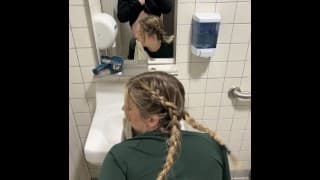 Blonde slut gets railed in public campsite bathroom