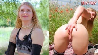 Ersties - Mountainbikerin Katja E entspannt auf der Wiese mit Dildo und Analplug